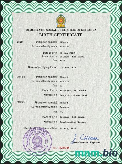 Sri Lanka rekord życiowy narodziny certyfikat PSD szablon